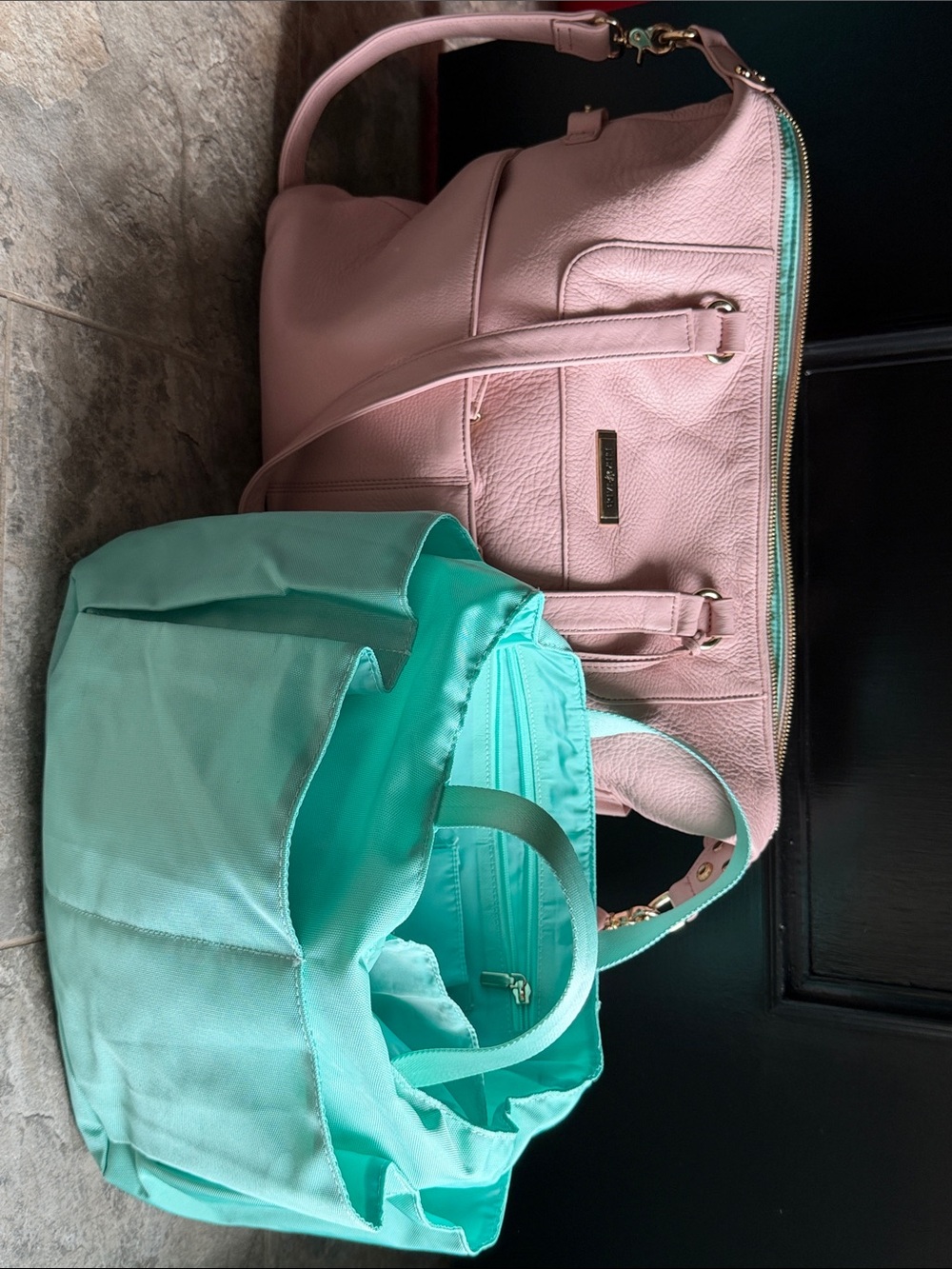 Lily Jade Blush Pink Leather Tote/convert to backpack w/Mint baby caddy Insert